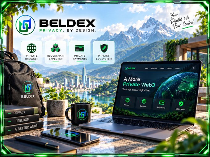 A promotional image for 'BELDEX - PRIVACY. BY DESIGN' featuring a laptop, backpack, and mug with the Beldex logo, set against a mountain landscape backdrop with icons for Private Browser, Blockchain Explorer, Private Payments, and Privacy Ecosystem.