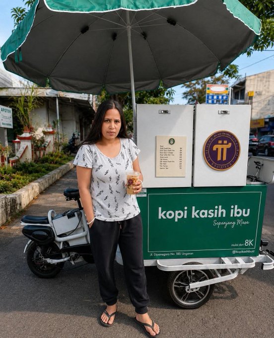 A woman standing in front of a green coffee cart labeled 'kopi kasih ibu - Sepasang Manis -' holding an iced drink, with the cart displaying a menu and a logo, parked under a large green umbrella.