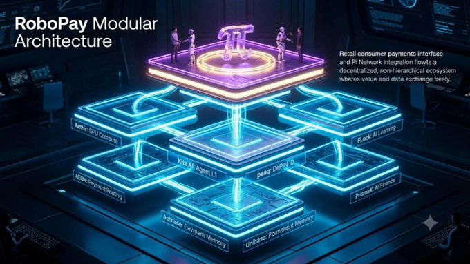 **Caption:** A futuristic 3D visualization of "RoboPay Modular Architecture" showing interconnected layers—Jetson GPU Computing, Kite AI Agent, DeepIN, FunX AI Learning, Pi Network Routing, PhasmaFi AI Finance, Authless Payments Memory, and Unibase Permanent Memory—crowned by a glowing platform with human figures representing the retail consumer payments interface.

**Connection to the post:** The image visually reinforces the message about RoboPay's layered, modular structure (compute, AI, governance, financing), with the top layer—where humans stand—symbolizing the final point of contact with users, which the post emphasizes is where **$PI** plays its central role in the ecosystem.