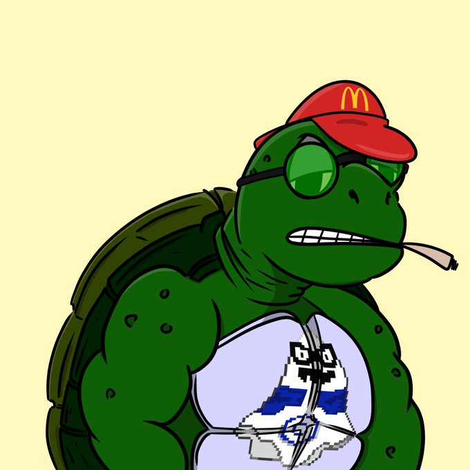 A cartoon illustration of a muscular green turtle wearing a red McDonald's cap, sunglasses, and a white crop top with pixel art design, while smoking a cigarette.