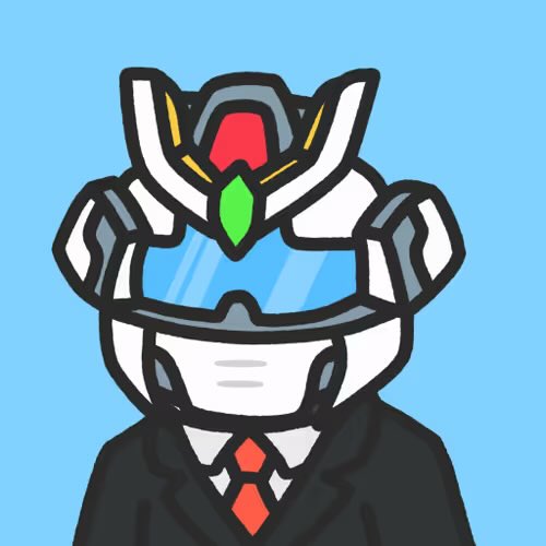 A cartoon illustration of a chibi-style character wearing a white and grey mecha helmet with red and green accents, a black suit, and a red tie, set against a light blue background.