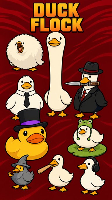 A colorful cartoon illustration titled 'DUCK FLOCK' featuring various anthropomorphic ducks dressed in different outfits including a suit, a frog hoodie, a top hat, and a wizard hat.