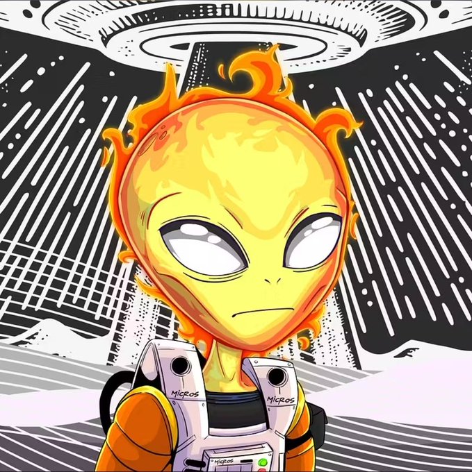 An anime-style character with a fiery yellow flame head wearing an orange and white spacesuit, set against a black and white retro manga background featuring a UFO.