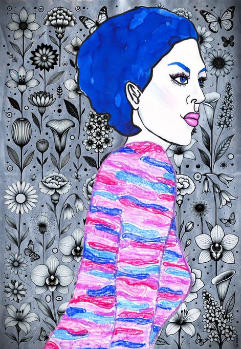 A mixed-media illustration depicting a woman with blue hair wearing a pink and blue striped top, set against a detailed black-and-white background of various flowers, orchids, and butterflies.