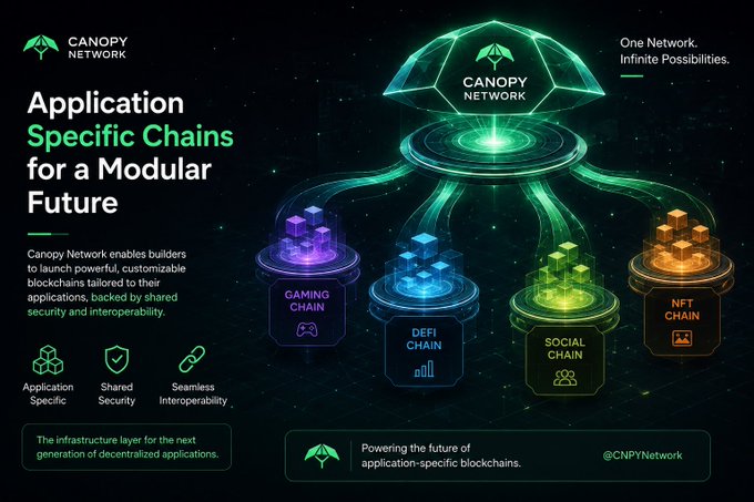 A promotional graphic for Canopy Network titled 'Application Specific Chains for a Modular Future,' showcasing interconnected chains for Gaming, DeFi, Social, and NFT applications, branded with @CNPYNetwork.