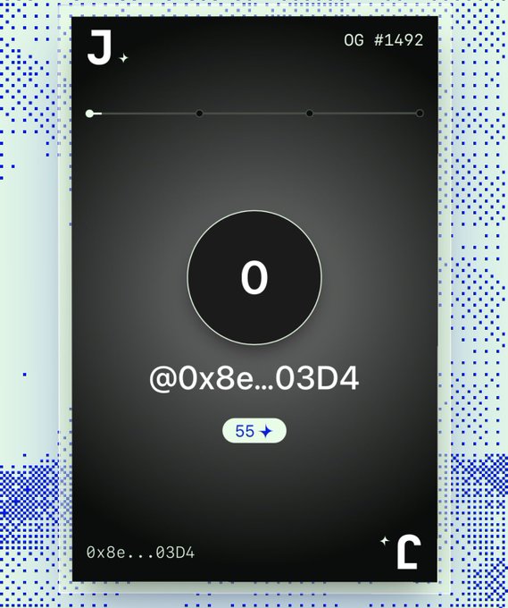 A digital card displaying "OG #1492" with a score of 0 and the username "@0x8e...03D4" alongside the number 55, likely representing early access eligibility or registration status for the Derpetual airdrop campaign mentioned in the post.