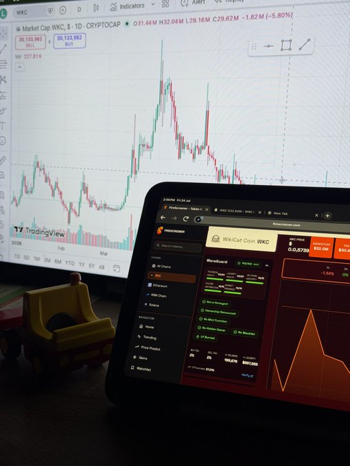 A tablet displays the WikiCat Coin (WKC) token information, showing a market cap of $32.5M, alongside a monitor displaying WKC's price chart with a market cap of $30.13M and a range between $29.16M and $32.04M. This image visually represents the current market cap and price action of WKC being discussed in the accompanying post.
