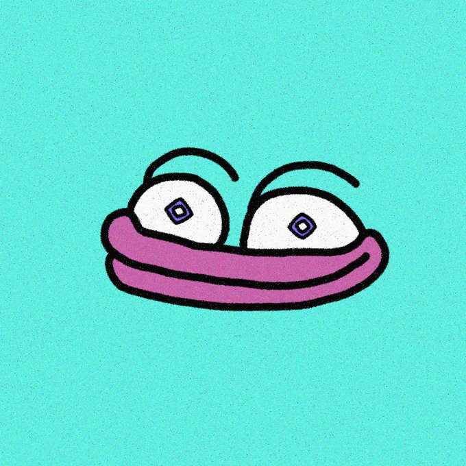A simple cartoon illustration shows a pair of wide, slightly crazed eyes above a thick purple smile, set against a textured turquoise background, conveying a mischievous or unhinged grin. The image pairs with the post about transferring $109K worth of $MON to ByBit to pay NFT project mods and artists privately.