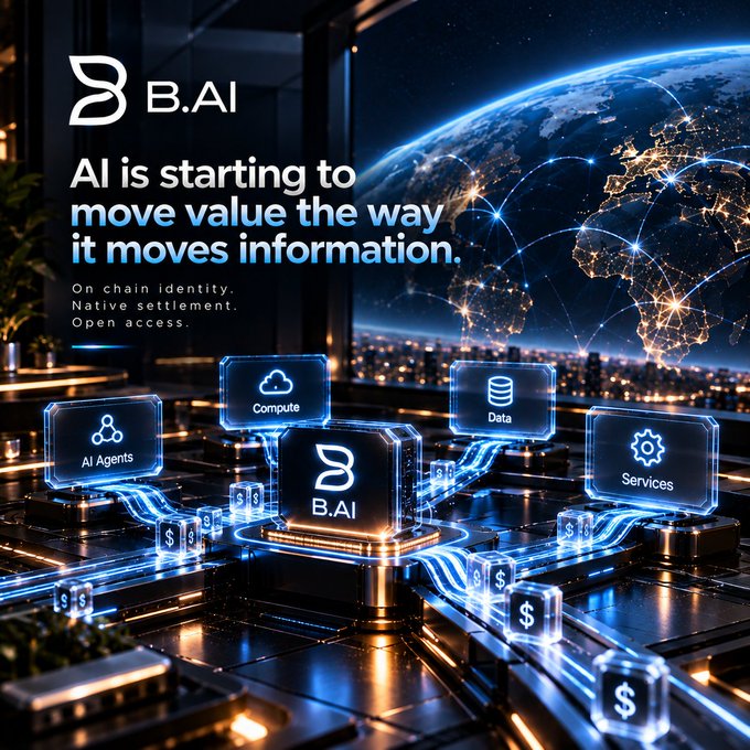 Futuristic promotional graphic for B.AI stating 'AI is starting to move value the way it moves information,' featuring interconnected nodes for AI Agents, Compute, Data, and Services.