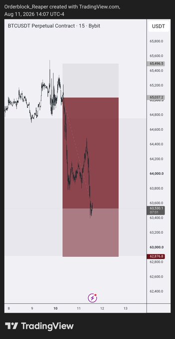 A TradingView chart of BTCUSDT Perpetual Contract on Bybit showing an order block 'Reaper' trade setup with current price at 62,876.9 USDT.