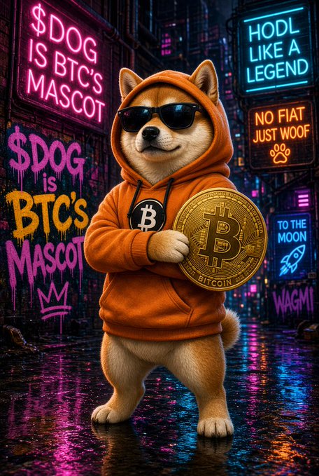 An AI-generated image of a Shiba Inu dog wearing an orange Bitcoin hoodie and sunglasses, holding a Bitcoin coin, with neon signs reading "$DOG IS BTC'S MASCOT", "HODL LIKE A LEGEND", "NO FIAT JUST WOOF", "TO THE MOON", and "WAGMI".