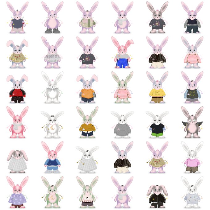 A grid of 30 small illustrated bunny characters in various pastel colors, each wearing different outfits and clothing styles.