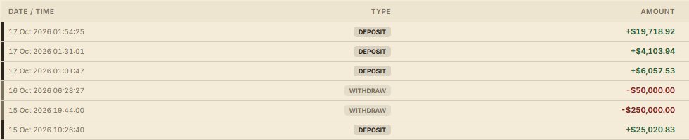 The image displays a transaction history showing three deposits ($19,718.92, $4,103.94, and $6,057.53 on Oct 17; $25,020.83 on Oct 15) and two withdrawals (-$50,000.00 and -$250,000.00 on Oct 15-16), allegedly demonstrating profits made by @frankdegods following an insider tip from "Satoshi."