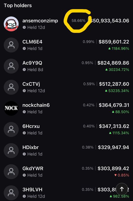 Screenshot of a 'Top holders' leaderboard showing ansemconzimp at the top with 58.66% (circled in yellow) holding $50,933,543.06, followed by other holders with much smaller percentages and values.