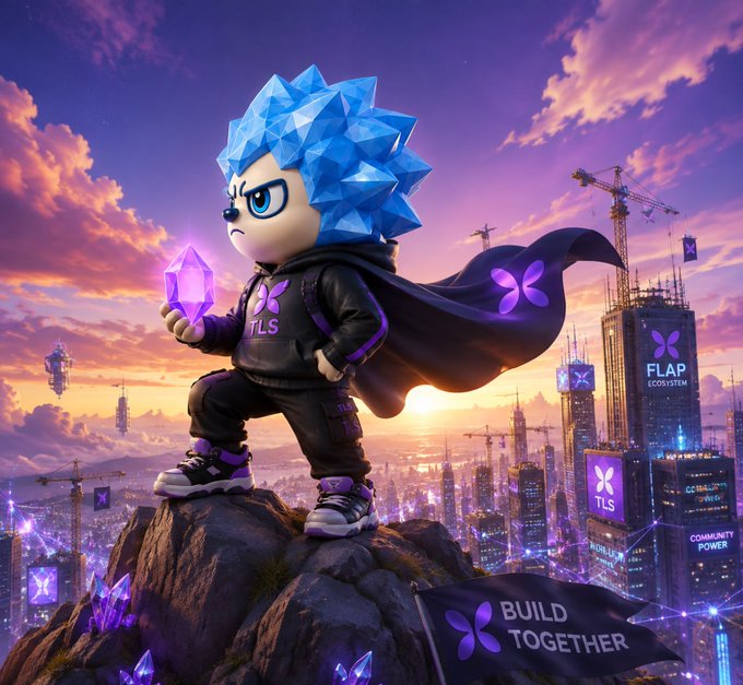 A vibrant digital artwork featuring a chibi-style character with blue crystalline hair, wearing a black 'TLS' hoodie and purple sneakers, holding a glowing purple crystal while standing on a cliff overlooking a futuristic cityscape at sunset with 'FLAP ECOSYSTEM' billboards and a 'BUILD TOGETHER' banner.
