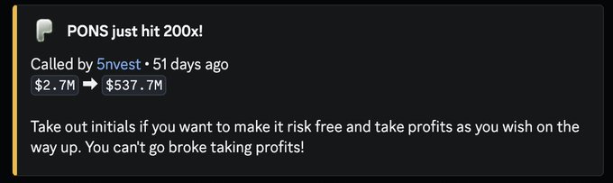 A notification from 5nvest announces "$PONS just hit 200x," called 51 days ago when the market cap rose from $2.7M to $537.7M, with advice to "take out initials" and "take profits as you wish." The image illustrates the accompanying post's message about a WealthGroup community member correctly predicting a massive 200x gain on the $PONS token.