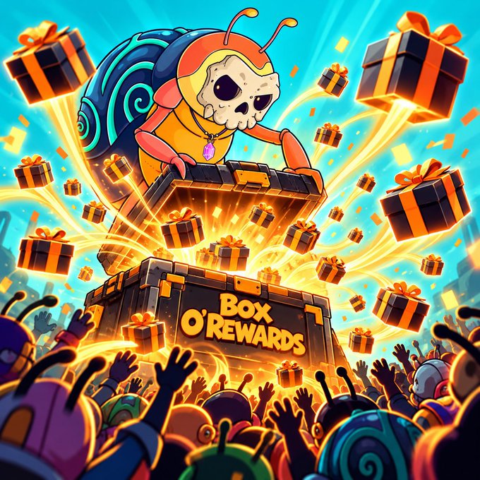 A colorful digital illustration showing a snail-like creature with a skull emerging from a treasure chest labeled 'Box O' REWARDS', surrounded by floating gift boxes and a cheering crowd of bug-eyed characters.
