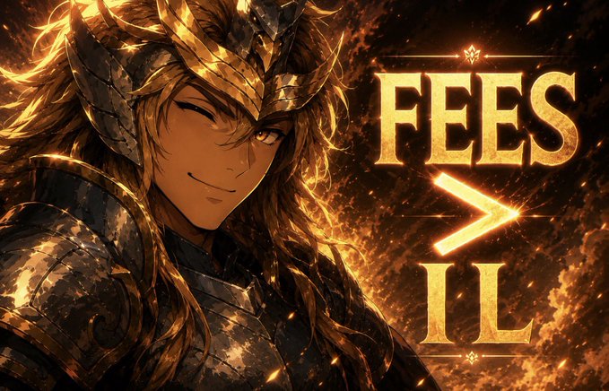 An anime-style warrior with long flowing hair and ornate armor winks confidently amid flames, alongside bold gold text reading "FEES > IL," visually reinforcing the post's message that high-quality fee earnings can outweigh impermanent loss for liquidity providers on Meteora.