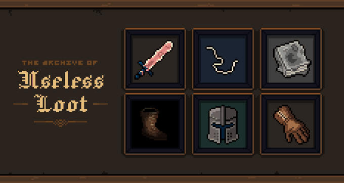 A pixel art graphic titled "THE ARCHIVE OF Useless Loot" displays six framed icons including a sword, bow, block, boot, helmet, and glove, serving as promotional artwork for the upcoming NFT collection mint launching on October 2nd through OpenSea.