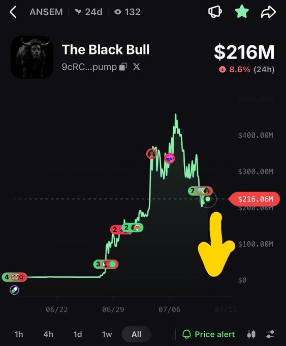 A cryptocurrency price chart for 'The Black Bull' (9cRC...pump) showing a value of $216M with an 8.6% increase over 24h, featuring a yellow arrow pointing downward to indicate a price drop.