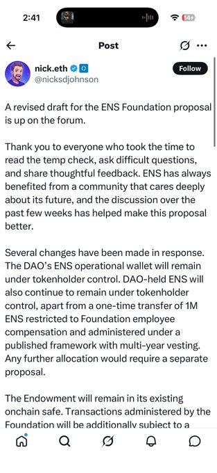 A screenshot of a Twitter/X post by user nick.eth (@nicksdjohnson) announcing a revised draft for the ENS Foundation proposal, discussing DAO-controlled operational wallets, DAO-held ENS, and Foundation endowment changes.