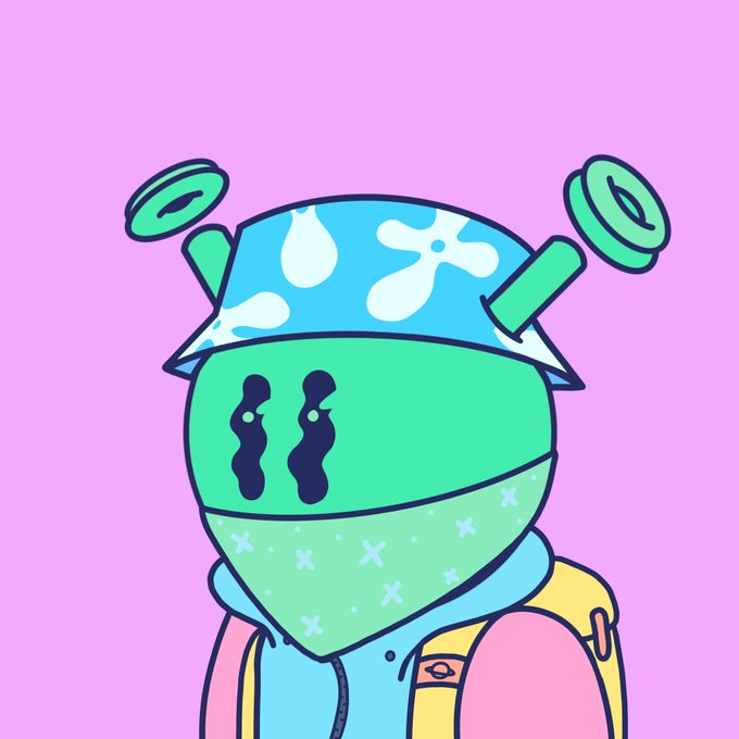A digital illustration of a cartoonish character with a green face, closed eyes, and a blue and white bandana with green button-like protrusions, set against a solid pink background.