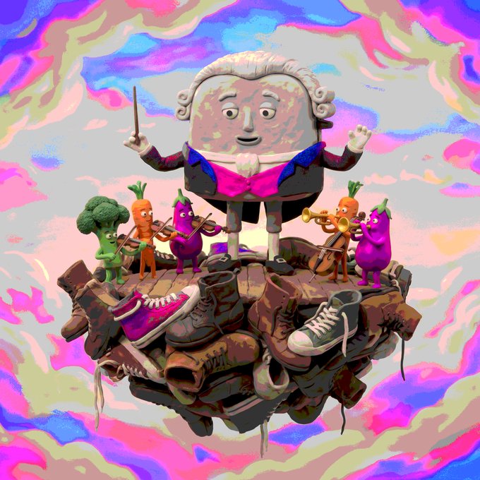 A surreal, colorful 3D illustration of an anthropomorphic egg in a judge's wig and robe conducting an orchestra of vegetables, standing atop a pile of shoes against a vibrant pastel sky.