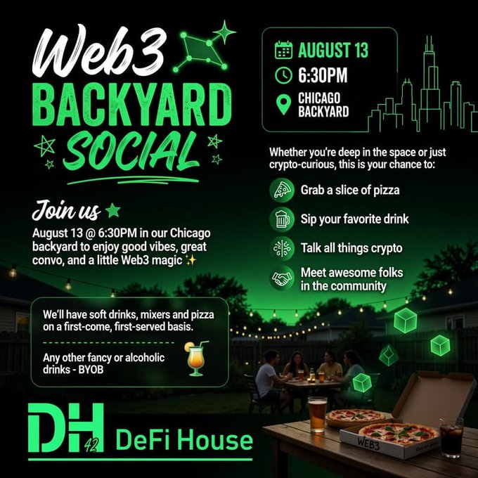 Event flyer for a 'Web3 BACKYARD SOCIAL' hosted by DeFi House, scheduled for August 13 at 6:30 PM in Chicago, featuring pizza, drinks, and crypto discussions.