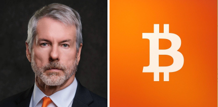 Side-by-side image showing a headshot of a gray-haired man in a suit on the left and the Bitcoin logo on an orange background on the right.