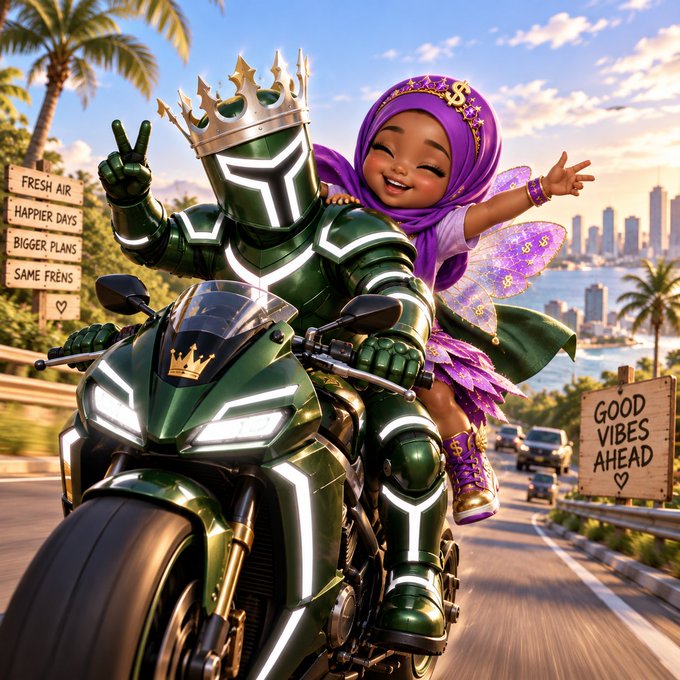 A vibrant digital illustration depicts a knight in green armor with a gold crown riding a motorcycle, giving a peace sign, with a joyful girl in a purple hijab and fairy wings hugging him from behind. Wooden signs along the road read 'FRESH AIR, HAPPIER DAYS, BIGGER PLANS, SAME FRENS' and 'GOOD VIBES AHEAD', set against a sunny coastal city backdrop.