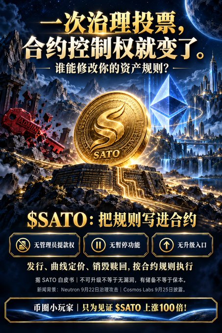 A Chinese promotional advertisement for the cryptocurrency $SATO, featuring a large gold coin with an 'S' logo between Ethereum and Bitcoin symbols, with text '把规则写进合约' (Write rules into contracts) and details about token launchpads Neutron and Cosmos Labs.