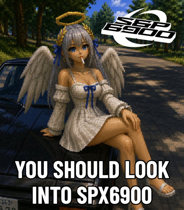 An anime-style 3D render shows a winged character with a halo and lollipop wearing a white dress, sitting on a car with text reading 'SEEP BEATOP' and 'YOU SHOULD LOOK INTO SPX6900' overlaid.