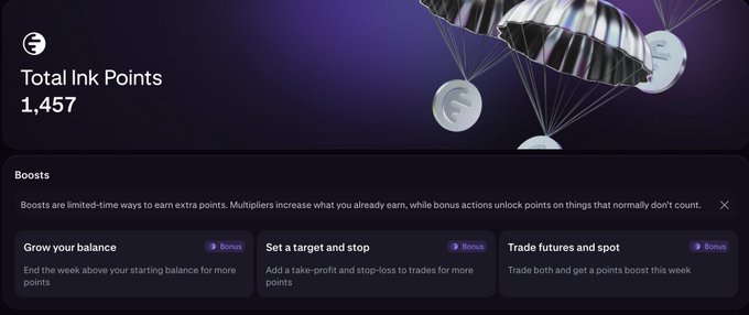 A Kraken Ink dashboard showing Total Ink Points of 1,457 with parachutes and coins in the background, featuring boost categories including 'Grow your balance,' 'Set a target and stop,' and 'Trade futures and spot.'