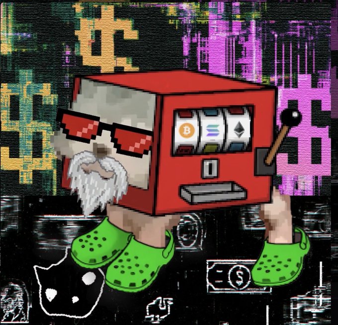 A pixel art style image depicting a character with a beard, pixelated sunglasses, and green Crocs, whose body is a slot machine displaying Bitcoin, Solana, and Ethereum logos.