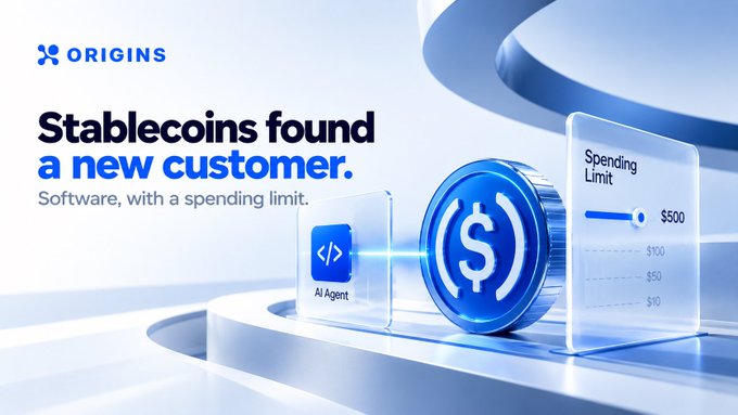 An ORIGINS graphic reads “Stablecoins found a new customer.” and “Software, with a spending limit.” beside an AI Agent card, a dollar-sign token, and a “Spending Limit” panel set to $500.