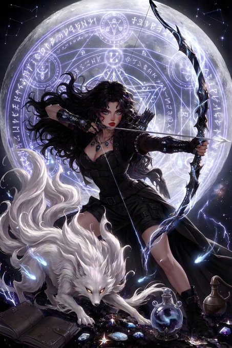 A fantasy illustration depicts a dark-haired archer in black attire drawing a glowing bow, standing beside a white wolf beneath a large mystical moon inscribed with runic symbols.