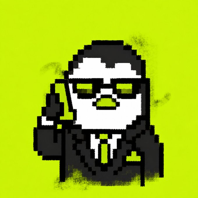 Pixel art illustration of a stylized character wearing sunglasses and a suit with a green tie, set against a vibrant green background with a halftone textured effect.