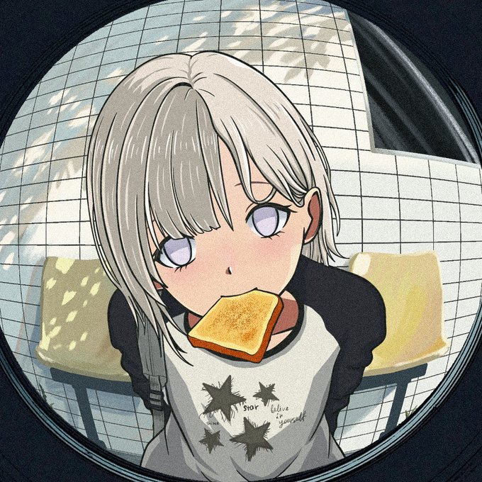 An anime-style illustration shows a silver-haired girl with purple eyes eating a piece of toast, framed within a circular lens view against a tiled wall, wearing a shirt with the text "star blue oneself." The whimsical, character-focused artwork represents the Momoyumemi community being highlighted in the Saudis x Momo collaboration announcement.