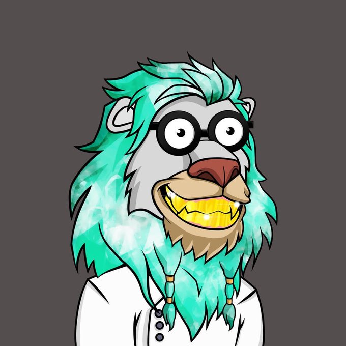 Cartoon illustration of a lion character with teal hair and mane, wearing glasses and a white shirt, with a gold tooth.