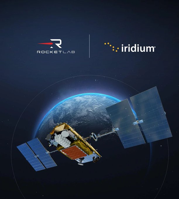 A promotional graphic showing a satellite in orbit above Earth, with the Rocket Lab logo on the left and the Iridium logo on the right against a starry space background.