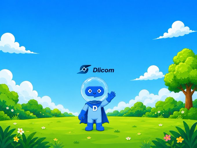 Cartoon illustration of a blue robot mascot with a 'D' on its chest waving, set against a sunny grassy field with trees and clouds, branded with the 'Dlicom' logo