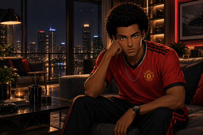 A stylized digital illustration of a young man with an afro wearing a red Manchester United jersey, sitting on a couch in a modern apartment overlooking a city skyline at night.