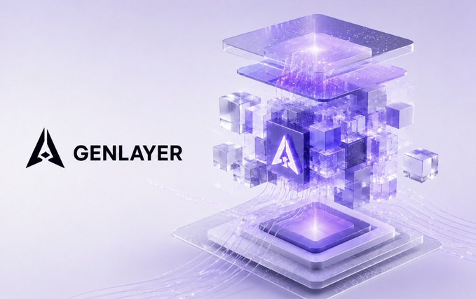 A promotional graphic for 'GENLAYER' featuring a purple, layered 3D cube design with the Genlayer logo on the left side.