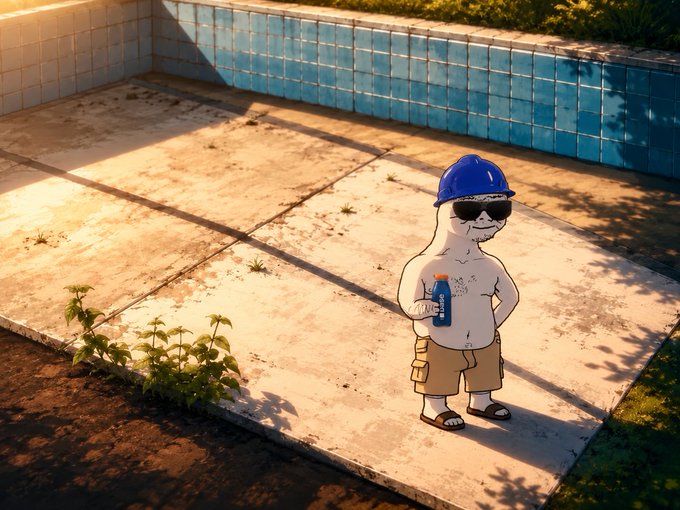 An animated cartoon character wearing a blue hard hat and sunglasses, holding a spray bottle, standing in front of a neglected swimming pool with weeds growing through the concrete deck.