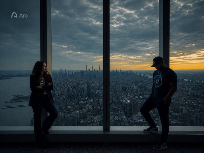 Two figures lean against a window overlooking a sprawling city skyline at sunset, with the 'Arc' logo visible in the corner.