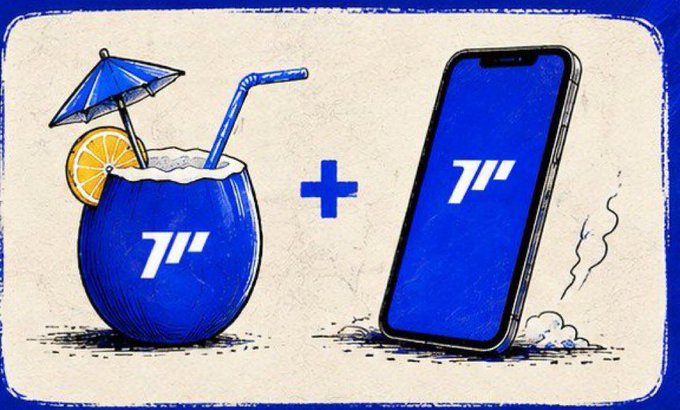 An illustration showing a blue cocktail with an umbrella and orange slice labeled "71" next to a plus sign and a smartphone displaying the number "71" on a blue screen, against a textured cream background.