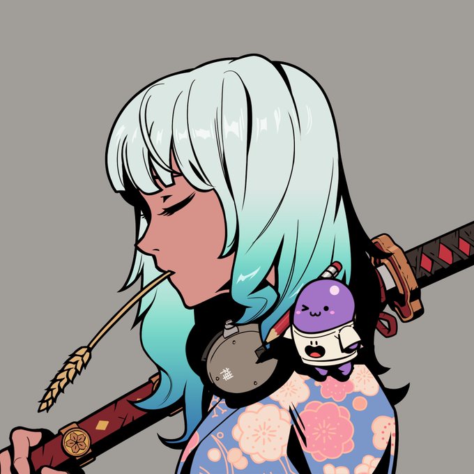 An anime-style illustration of a character with long teal/mint green hair, closed eyes, and a peaceful expression, wearing a blue kimono with pink floral patterns, holding a sword and a piece of wheat or straw in their mouth, with a small purple mascot character attached to their clothing.