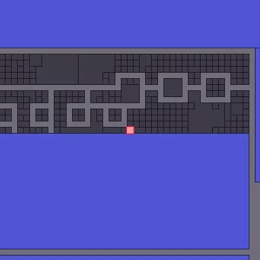 A pixel art platformer game scene featuring a small pink character standing on the edge of a blue platform beneath a structure of dark blocks.