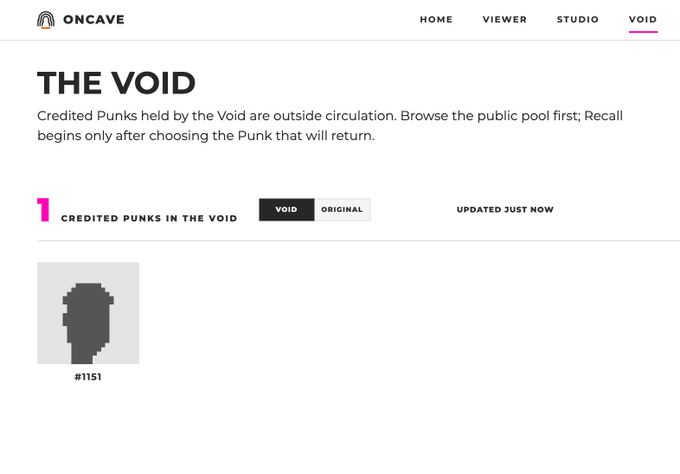 A webpage titled 'THE VOID' from ONCAVE displays a section for 'CREDITED PUNKS IN THE VOID', featuring a single dark pixel-art character labeled '#1151'.