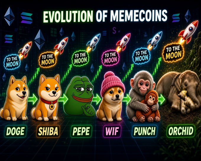 An infographic titled 'EVOLUTION OF MEMECOINS' showing a horizontal sequence of crypto mascots—Doge, Shiba, Pepe, WIF, Punch, and an elephant labeled 'ORCHID'—each with a rocket icon and a 'TO THE MOON' speech bubble, connected by green upward arrows.